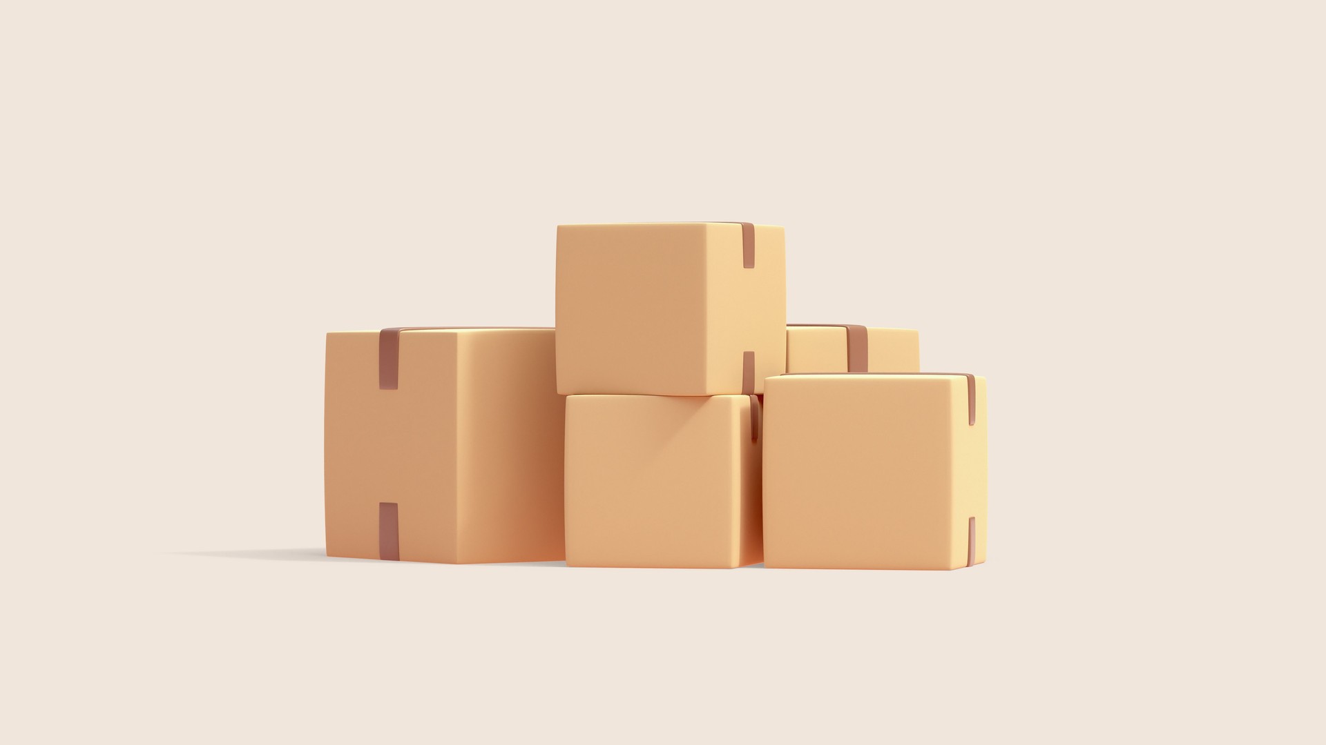 Renderizado 3D Cajas de cartón beige simples estilizadas mínimas con cinta marrón.